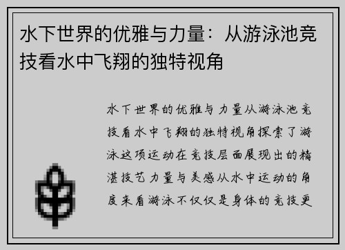 水下世界的优雅与力量：从游泳池竞技看水中飞翔的独特视角